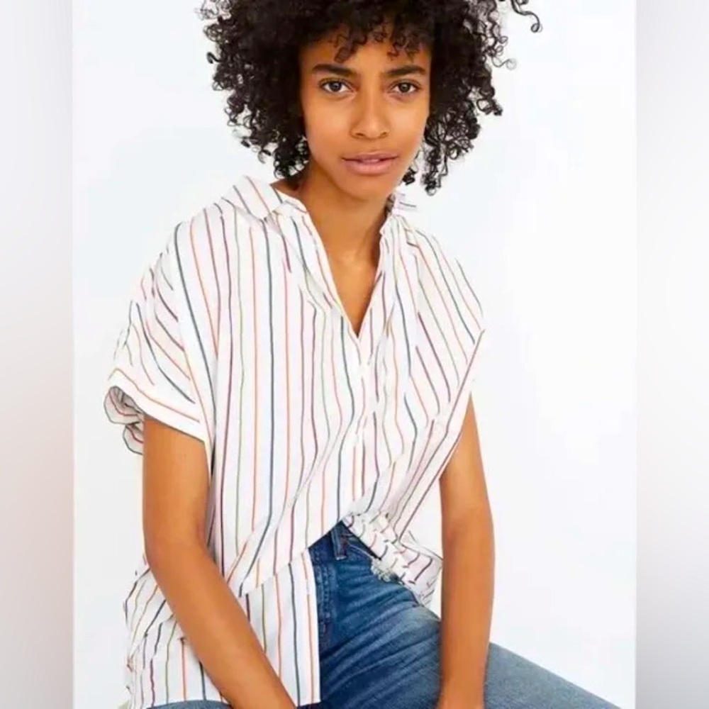 Madewell Central Shirt in Sadie Stripe. White with Rainbow Stripes. Size XS